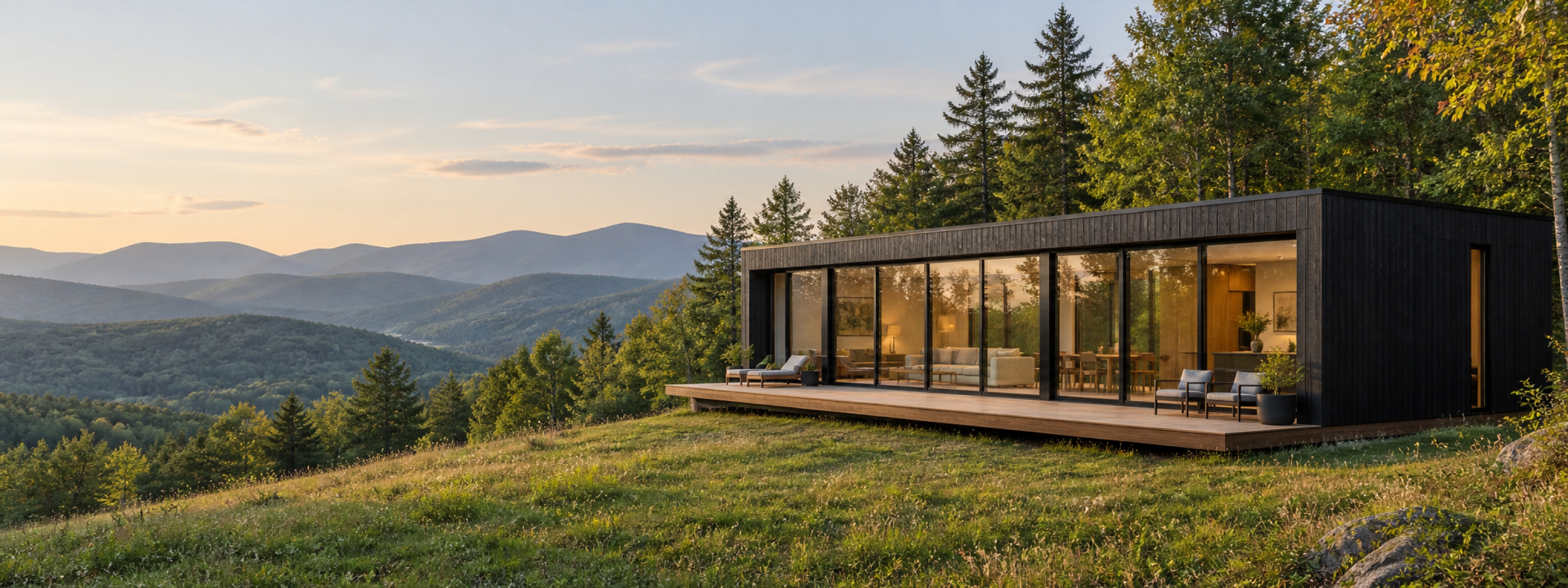 A modern cabin on a clearing above the Green Mountains at last light